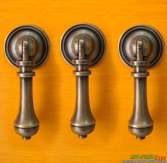 Lot of 3 pcs Vintage TEAR DROP Cudgel KNOB Drawer Handle Pull Antique Solid Brass