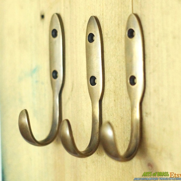 4.00" Inches Hooks Set of 3 pcs Vintage Long Western Retro Solid Brass Antique Wall Mount Coat Hat Hooks