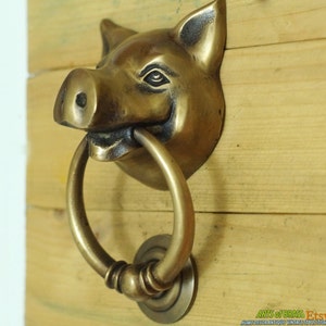 5.11&quot; Inches VINTAGE Solid Brass PIG Farm Head State Farm front Door KNOCKER with Pull Knocker