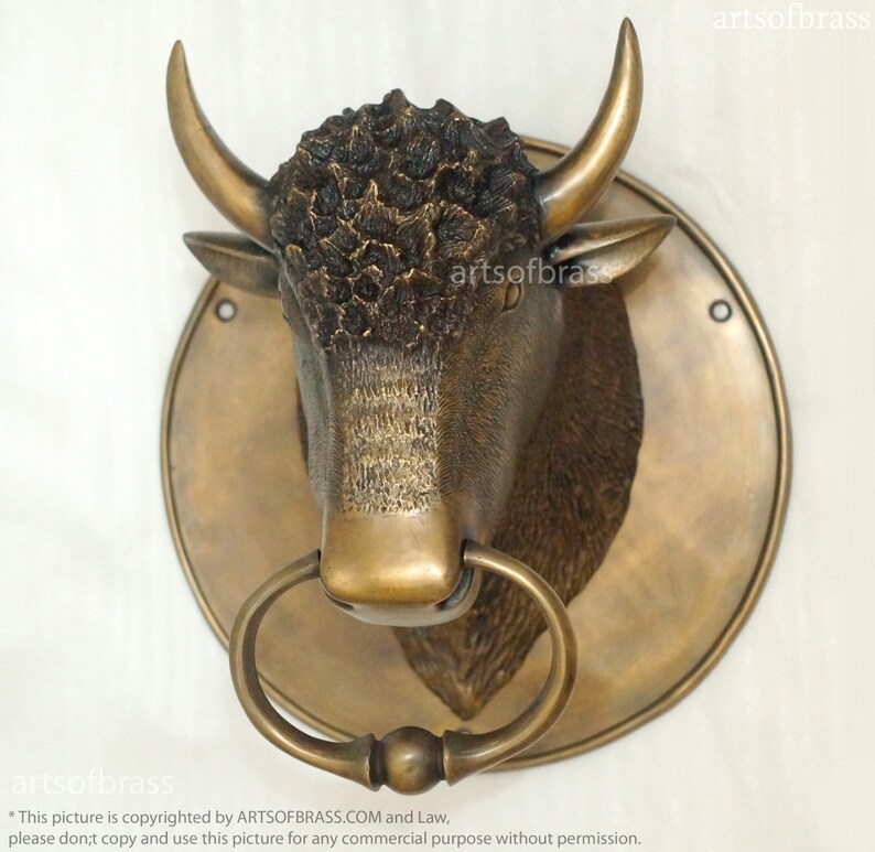 May include: A bronze bull's head door knocker with a ring handle. The bull's head is detailed with textured fur and horns. The knocker is mounted on a round, bronze plate.