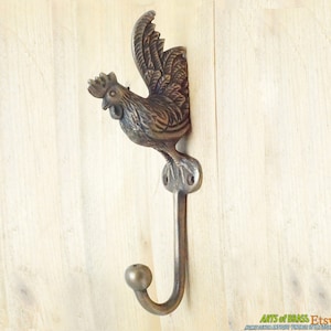 6.77&quot; inches Vintage Solid Brass Rooster Chicken Farm Coat Cloth Hat Hook Hanger U106