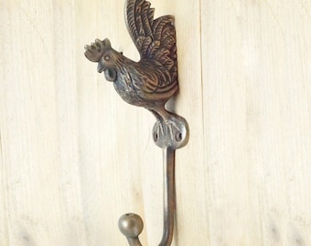 6.77" inches Vintage Solid Brass Rooster Chicken Farm Coat Cloth Hat Hook Hanger U106