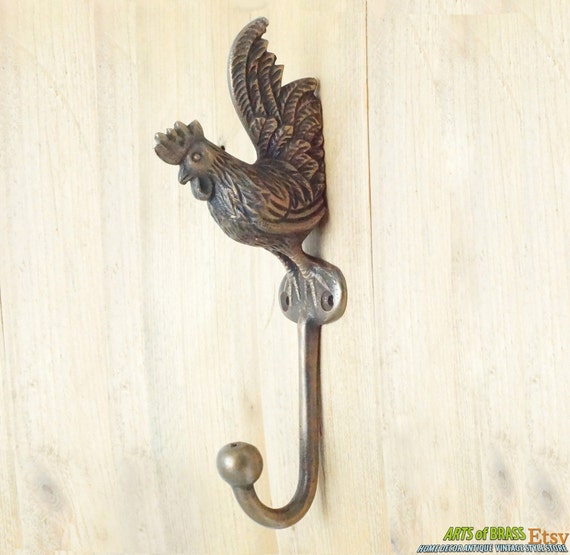 6.77" inches Vintage Solid Brass Rooster Chicken Farm Coat Cloth Hat Hook Hanger U106