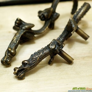 Rare 6.02" Pair Set Left and Right ANTIQUE Vtg CHINESE DRAGON Cabinet Brass Knob Drawer Handle Pull