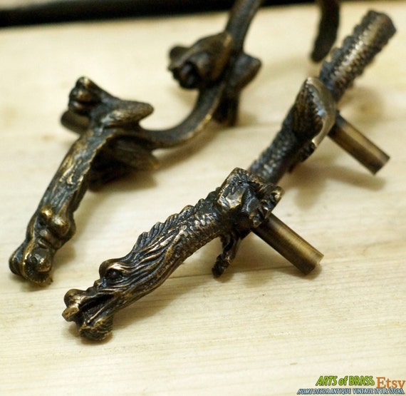 Rare 6.02" Pair Set Left and Right ANTIQUE Vtg CHINESE DRAGON Cabinet Brass Knob Drawer Handle Pull