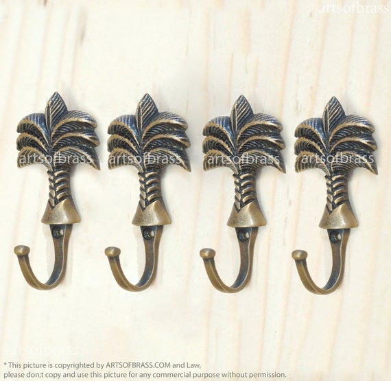 3.54" inches Vintage Coconut PALM TREE HOOK Hanger Wall Mount Strong Hook Solid Brass Wall Coat Hat Hook U115