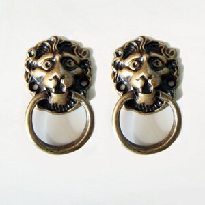 May include: Two antique-style lion head drawer pulls with ring handles. The pulls are made of metal and have a brass finish.
