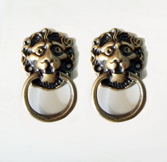 Lot of 2 pcs Vintage LION Head Anitque Cabinet Door Brass KNOB Drawer Round Pull