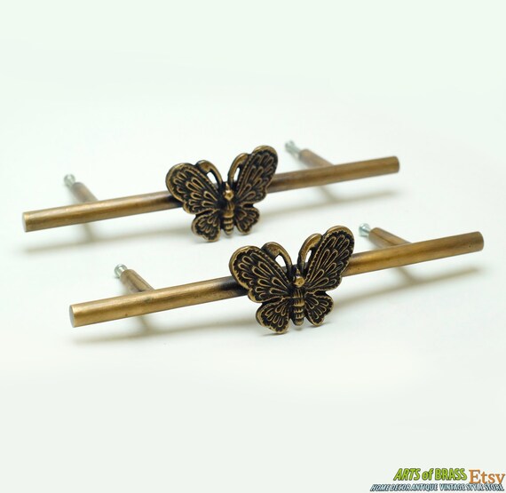 7.71" inches Lot of 2 pcs Vintage Horizontal Butterfly Handle ANTIQUE Solid Brass Cabinet Drawer Pull C061+N215