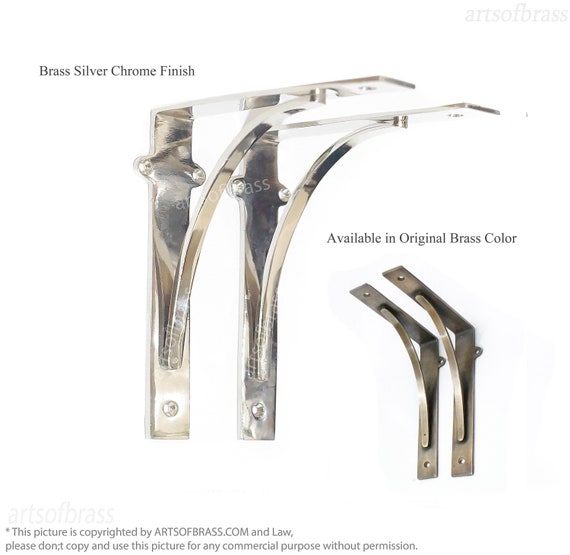 Pair SOLID BRASS Industrial Strong Wall Shelf Bracket | Retro Floating Shelves with Silver Chrome and Antique Brass Color