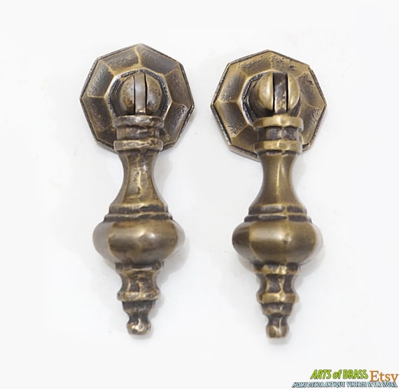 3.30" Set of 2 pcs Art Deco TEAR DROP Cudgel Antique Solid Brass Knob Cabinet Drawer Handle Pull E038