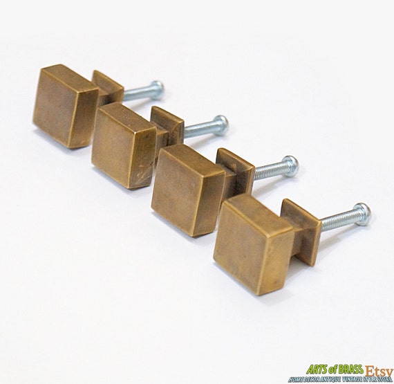Lot of 4 pcs Vintage Retro Square Base Knobs Solid Brass Antique Cabinet Drawer Handle Pull