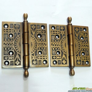 Pair / 2 pcs Antique Vintage Solid Brass Large Door HINGES DECORATIVE & ENGRAVED