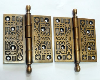 Pair / 2 pcs Antique Vintage Solid Brass Large Door HINGES DECORATIVE & ENGRAVED