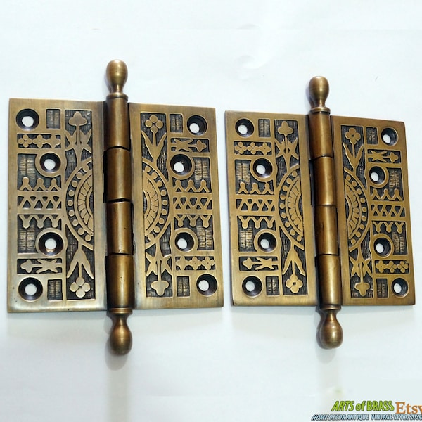 Pair / 2 pcs Antique Vintage Solid Brass Large Door HINGES DECORATIVE & ENGRAVED