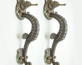 RARE Pair set 12.20" Vintage Big Vintage Fantasia SEA HORSE Mythology Poseidon Hardware Cabinet Solid Brass Entry Door Handle JBG2660