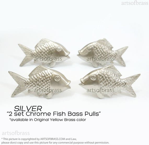 Lot of 2 Pairs Chrome / Silver Doff Animal SMALL MOUTH BASS Fish Cabinet Solid Brass Knob Drawer Pulls