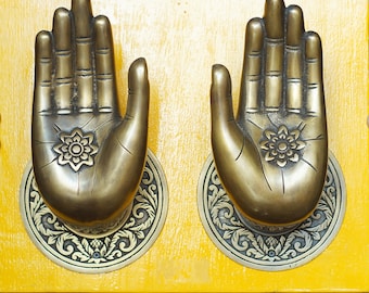 RARE 6.88" Pair / 2 pcs BIG Vintage Buddha Bodhisattva Loving Compassionate Hand Door handle Solid Brass Antique Main Gate Door handle AC088
