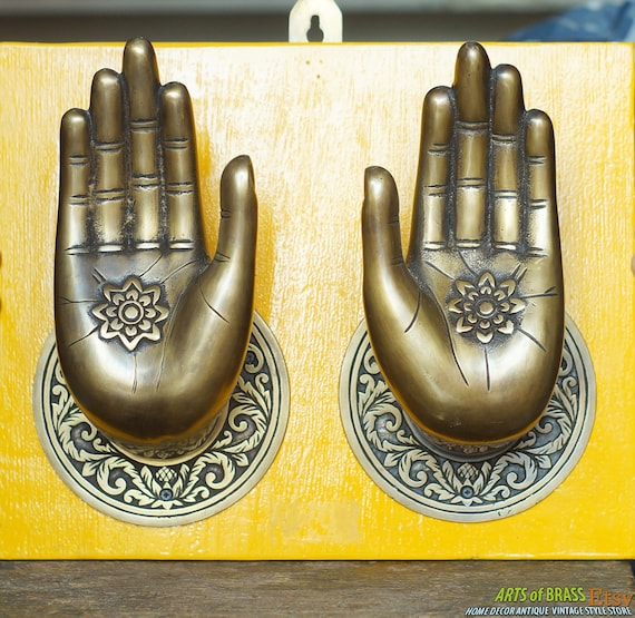 RARE 6.88" Pair / 2 pcs BIG Vintage Buddha Bodhisattva Loving Compassionate Hand Door handle Solid Brass Antique Main Gate Door handle AC088