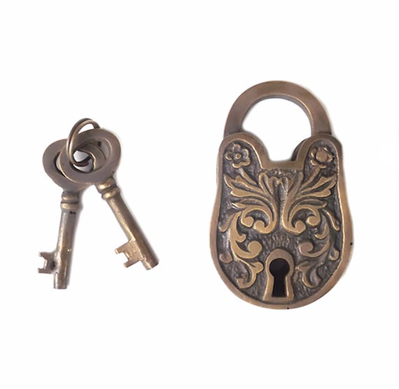 3.15" inches Vintage Edwardian Flowers Carved PADLOCK with SKELETON Keys Solid Brass Working Padlock