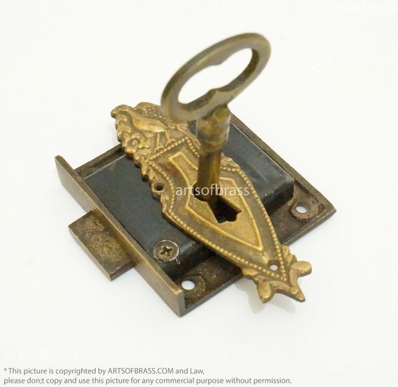 Antique Brass Victorian Shield Key Hole Plate with Set Vintage Skeleton KEY & LOCK