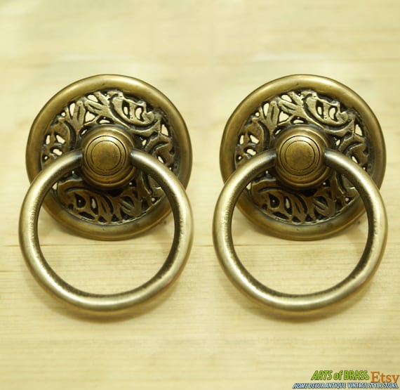 Lot of 2 pcs Vintage Big Round Carved Plate Brass Antique Cabinet Handle Knob pulls