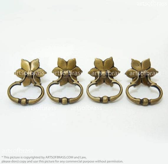 Lot of 4 pcs Vintage Cherry Blossom FLOWERS Drop Pulls Solid Brass Cabinet Drawer Handle Knob Pull