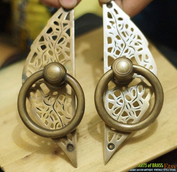 7.28" Pair 2 pcs Solid Brass Forest Retro Traditional Front Door Room Handle Ring pulls P098