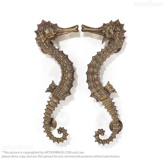 Rare Pair 19.68" Solid Brass Sea Horse Door Handle Pair – Vintage Nautical Fantasy Entry Pull