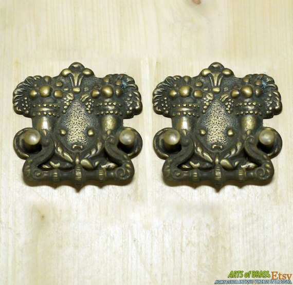 Pair 2 pcs Antique GARDEN of EDEN Solid Brass Cabinet Handle KNOB Drawer Pull
