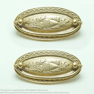 Könnte beinhalten: Zwei ovale Schrankgriffe in Goldton mit einem Eichel- und Blattdesign. Jeder Griff hat an beiden Seiten einen kleinen, runden Knopf.