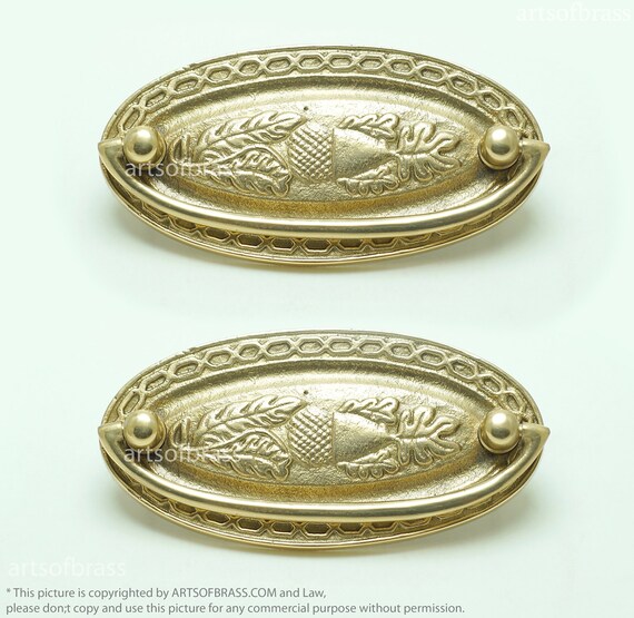4.52" 2 pcs Large Oval Vintage Bright Brass Finishing Hepplewhite Fruit Plate Solid Brass Cabinet Drawer Handle KNOB Pulls A114