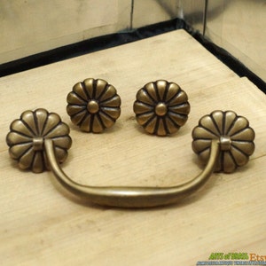 Può includere: Ferramenta per mobili in ottone con un design floreale decorativo. La maniglia ha un manico curvo e due pomelli rotondi.