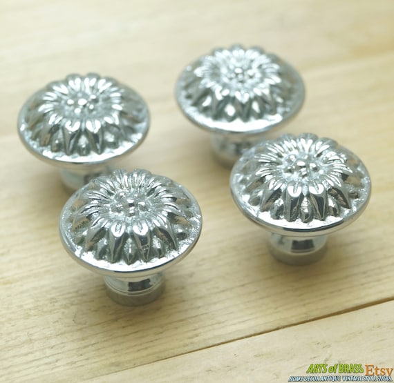 Lot of 4 pcs Minimalist EDELWEISS Flowers CHROME Cabinet Door Solid Brass KNOB Drawer Pull knobs