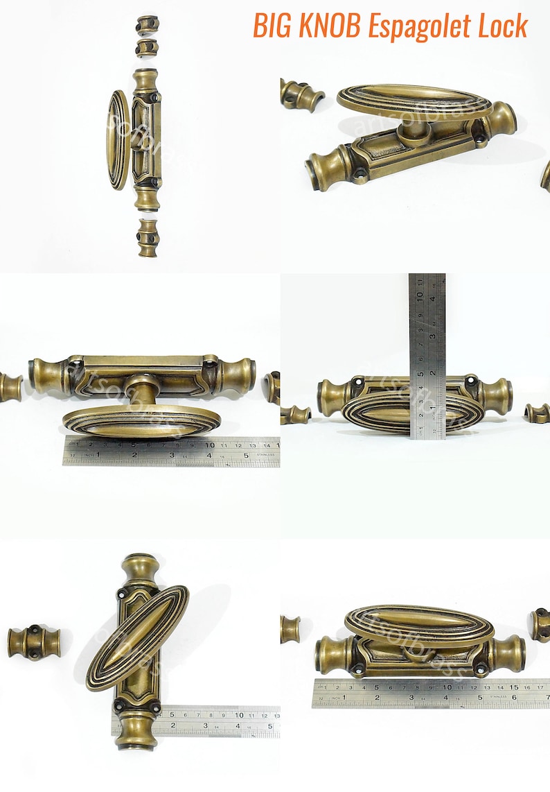 May include: Antique brass espagnolet lock with a large oval handle. The lock is shown in various positions with a ruler for scale. The lock is approximately 5 inches long.