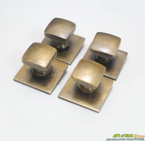 Lot of 4 pcs Vintage Retro Square Base Knobs Solid Brass Antique Cabinet Drawer Handle Pull N083