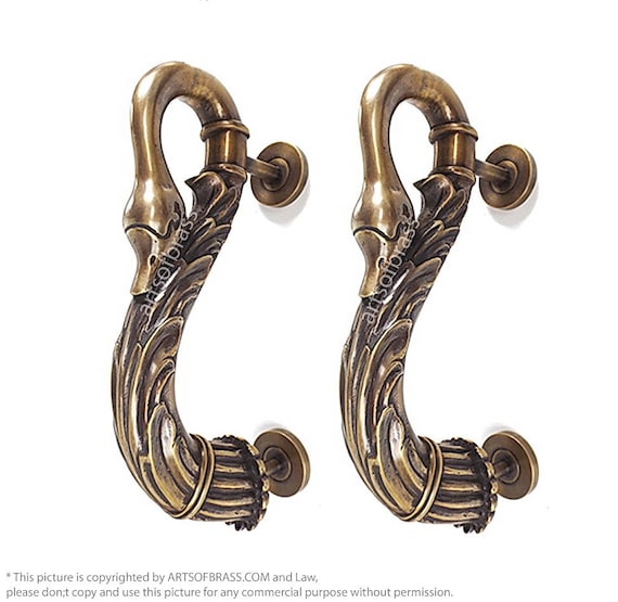 10.62" inches Set 2 pcs Vintage large Solid Brass Swan Retro Entry Door Handle Hardware