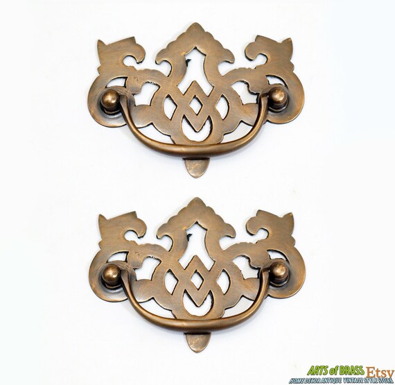 3.93" Lot of 2 pcs Vintage Escutcheon Solid Brass Antique Cabinet Drawer Handle Pulls A037
