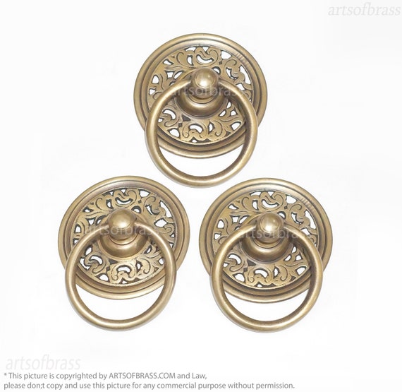 3.70" inches pcs Vintage Big Round Carved Plate Brass Antique Cabinet Handle Knob pulls