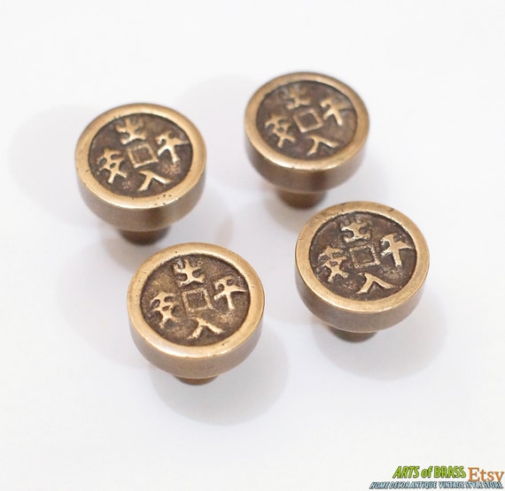 Lot of 4 pcs Vintage Asian Old Coin Solid Brass Round Knob Antique Handle Cabinet Drawer Handle Pull Knobs N581