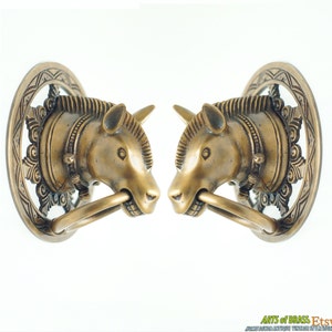 Pair 2 pcs Vintage Antique HORSE Head Gate CAGE Main Door Solid Brass Handle Pulls