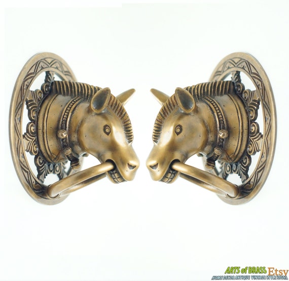 Pair 2 pcs Vintage Antique HORSE Head Gate CAGE Main Door Solid Brass Handle Pulls