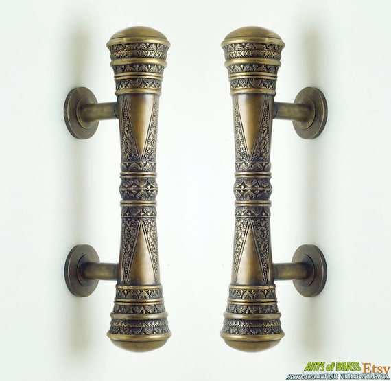11.41" inches Set 2 pcs Vintage Victorian Classic Detail Entry Door Handle Hardware Cabinet Solid Brass Door Handle AC038