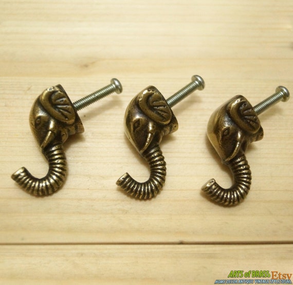 Lot of 3 pcs Vintage ELEPHANT Antique HOOK Solid Brass Coat Hat Wall Mount Hooks