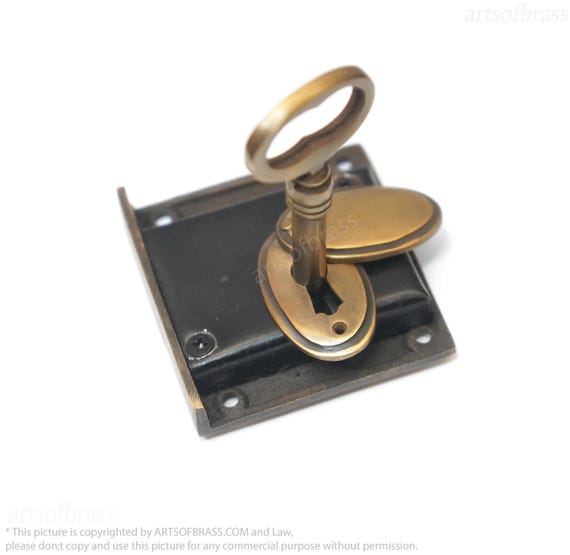 Solid Brass Mortise Cabinet Lock with Skeleton Key & Sliding Keyhole Cover
