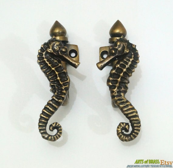 4.01" inches Vintage Solid Brass Sea Horse Hook Hangers, Antique Style (Pair)