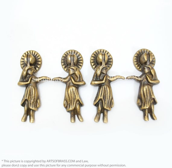 Lot of 4 Vintage HAWAIIAN Hula Hula GIRL Drop pulls Solid Brass Cabinet Drawer Pulls Handle