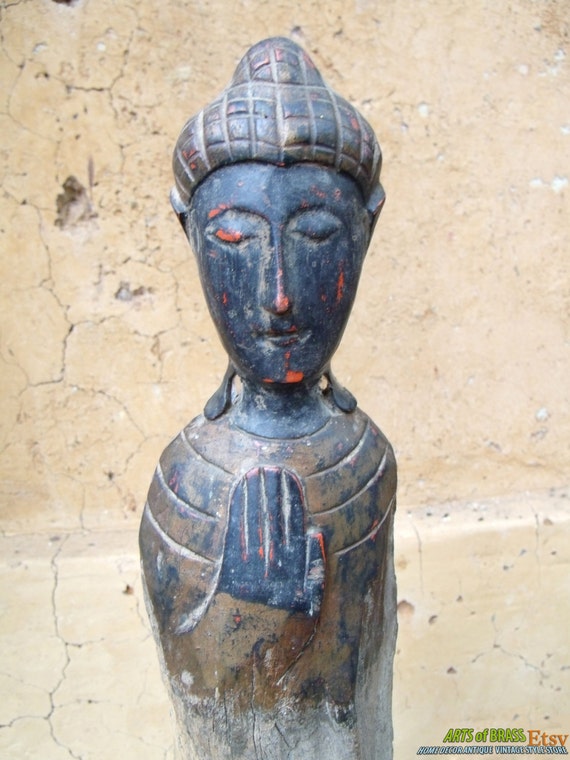 Rare Collectibles Antique Vintage BUDDHIST PRAYING MONK Statue Wooden Old Original Traditional Sculptures - for Warming house Decor