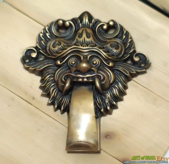 5.51" Inches Ancient VINTAGE Balinese BARONG Creature Detailed Door Knocker ANTIQUE Solid Brass