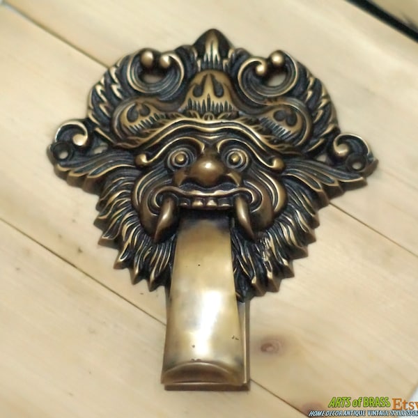 5.51" Inches Ancient VINTAGE Balinese BARONG Creature Detailed Door Knocker ANTIQUE Solid Brass